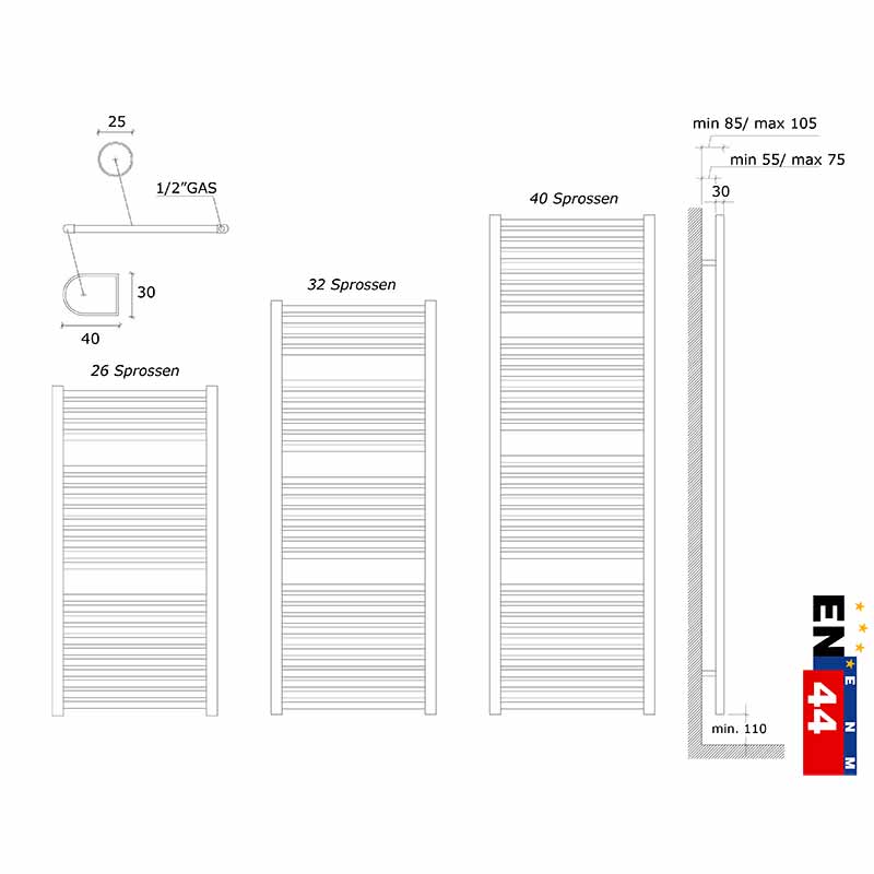 Badheizkörper Lucy 15/75 weiß Ral 9010 mit Mittelanschluß, Nabenabstand 50 mm