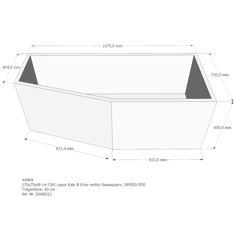 Badewannenträger für Lupor Kato B 170x75 rechts